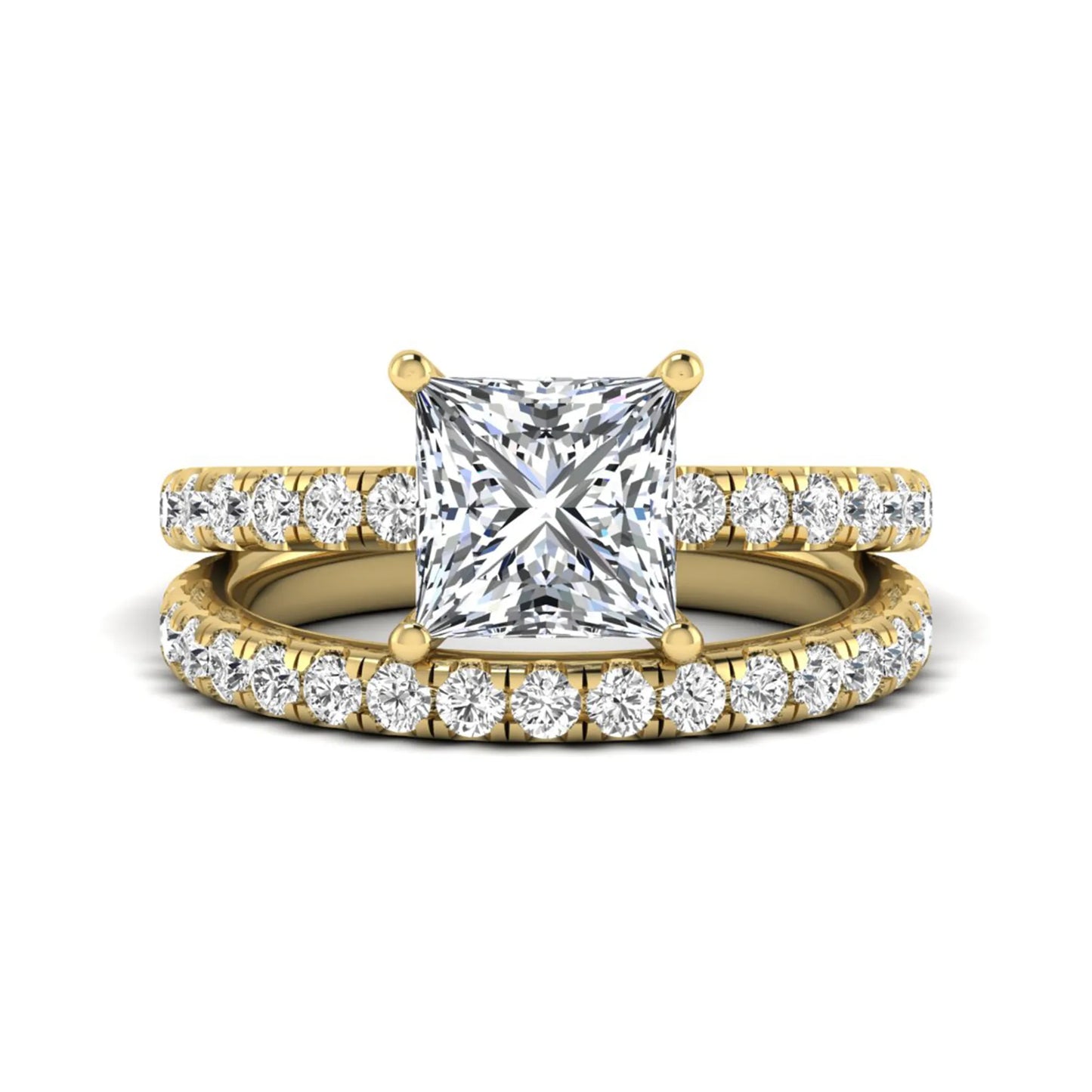 Princess Cut Solitaire Pavé Bridal Ring Set featuring a 7.00 mm IGI Certified lab grown diamond with matching round diamond pavé engagement ring and wedding band in yellow gold