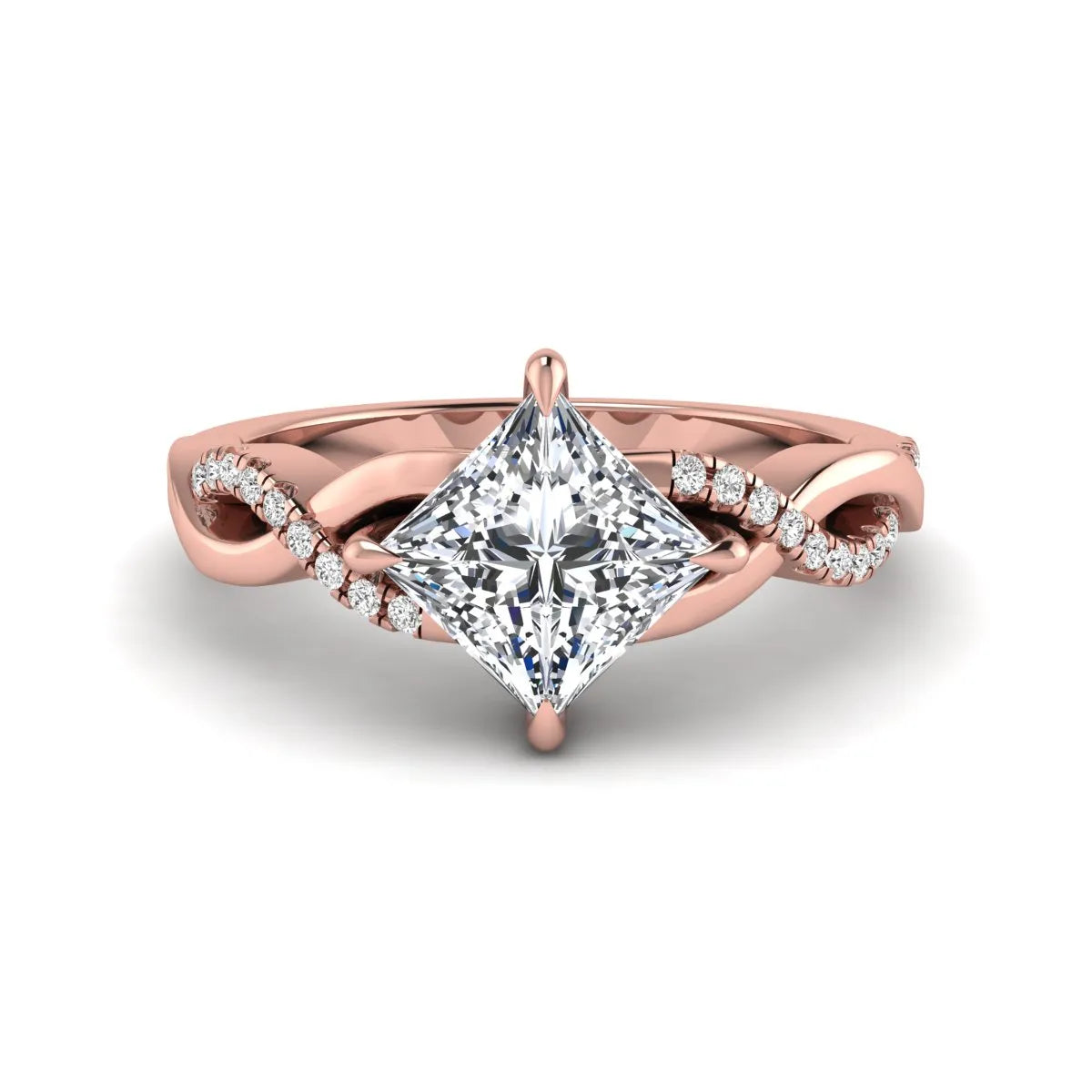 IGI Certified 0.99 carat princess cut lab grown diamond twist engagement ring with pavé round accent diamonds in rose gold.