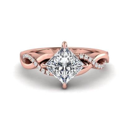 IGI Certified 0.99 carat princess cut lab grown diamond twist engagement ring with pavé round accent diamonds in rose gold.