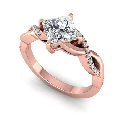 IGI Certified 0.99 carat princess cut lab grown diamond twist engagement ring with pavé round accent diamonds in rose gold.