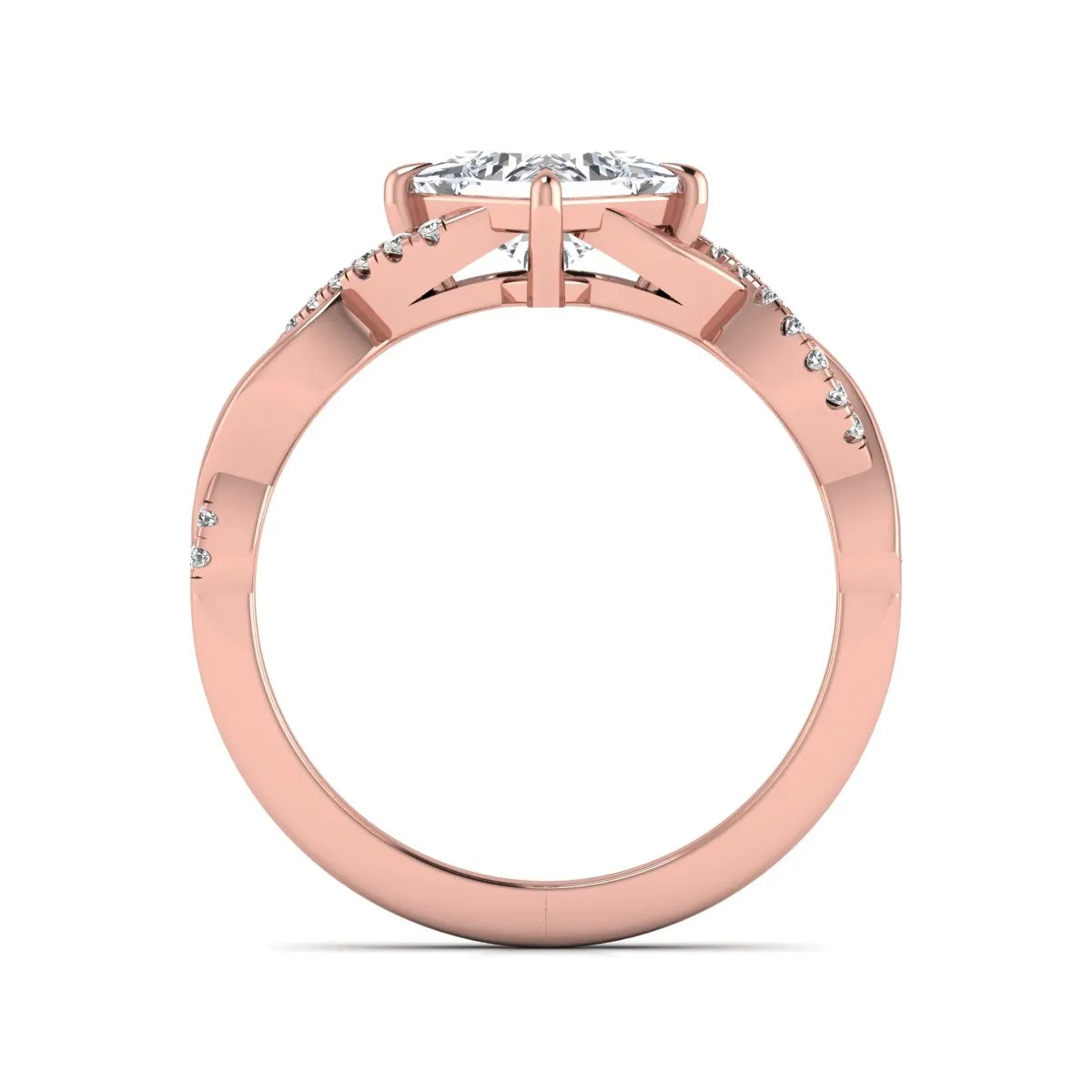 IGI Certified 0.99 carat princess cut lab grown diamond twist engagement ring with pavé round accent diamonds in rose gold.