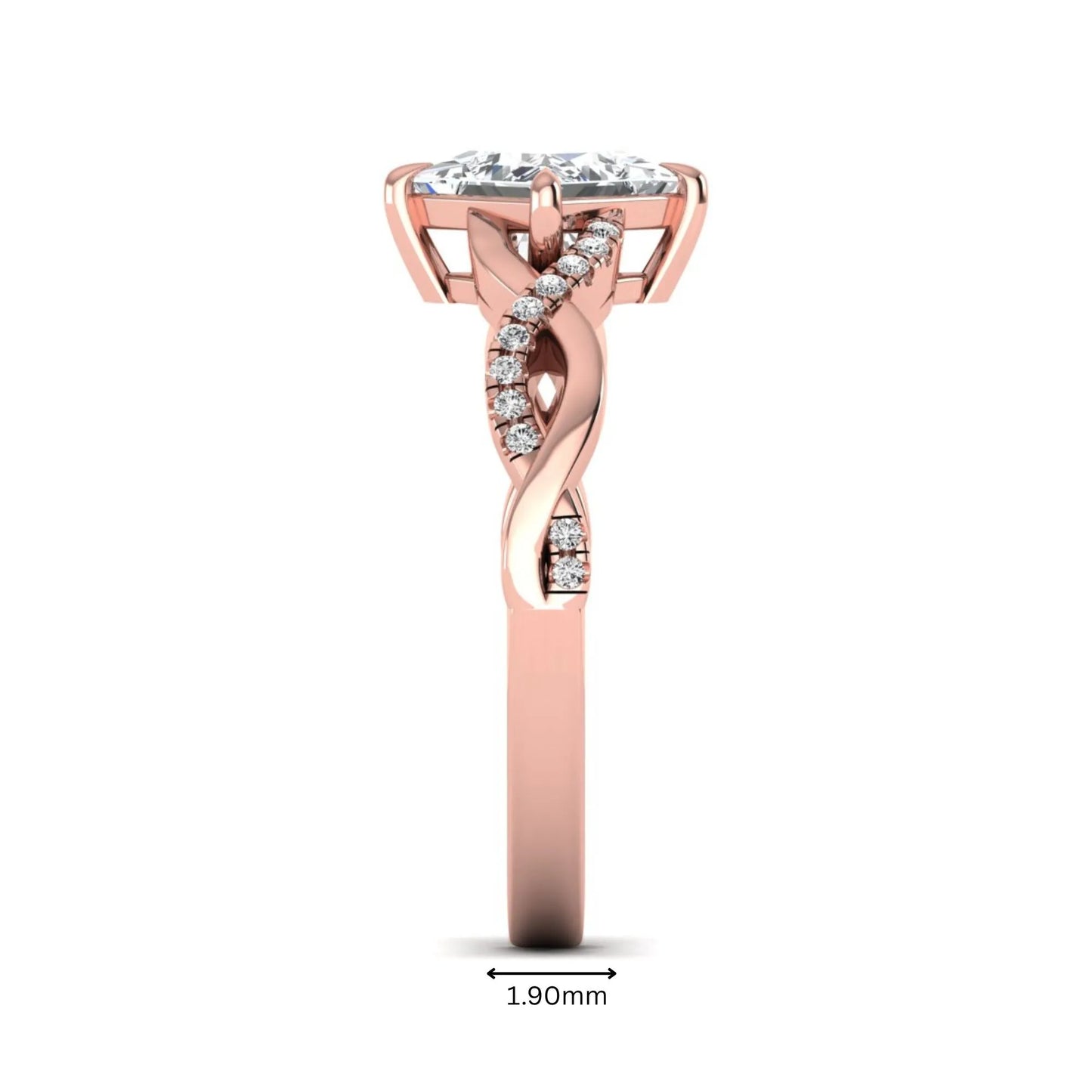IGI Certified 0.99 carat princess cut lab grown diamond twist engagement ring with pavé round accent diamonds in rose gold.