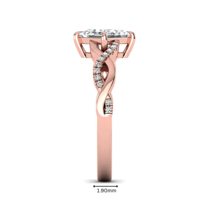 IGI Certified 0.99 carat princess cut lab grown diamond twist engagement ring with pavé round accent diamonds in rose gold.