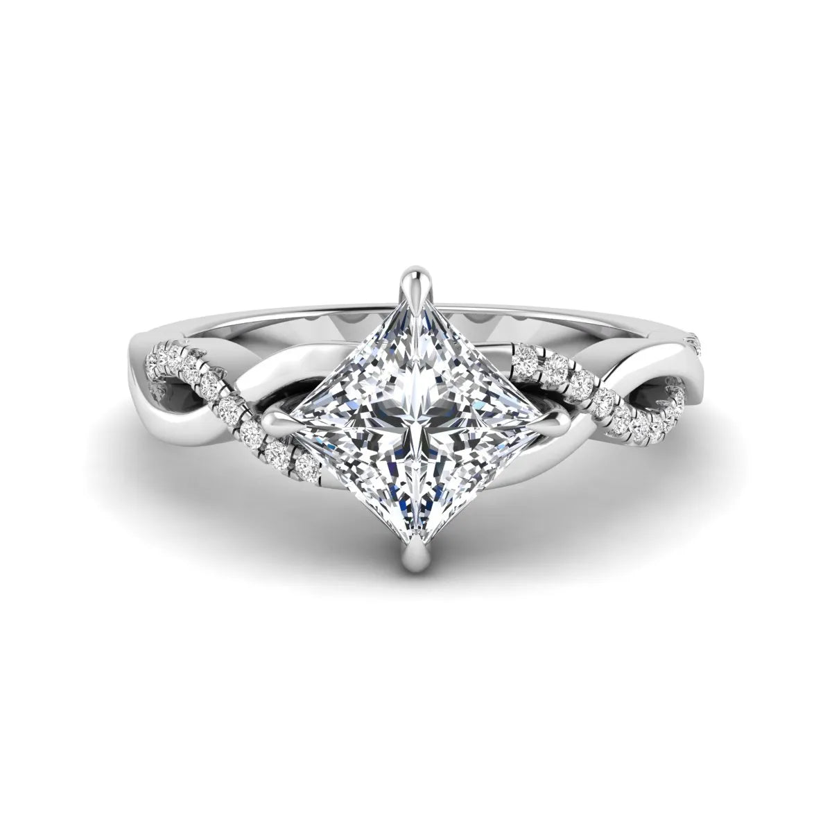 IGI Certified 0.99 carat princess cut lab grown diamond twist engagement ring with pavé round accent diamonds in white gold.