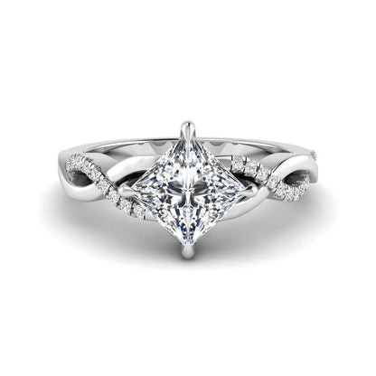 IGI Certified 0.99 carat princess cut lab grown diamond twist engagement ring with pavé round accent diamonds in white gold.