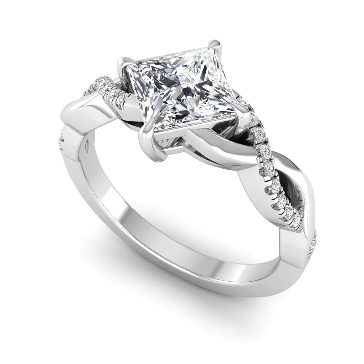 IGI Certified 0.99 carat princess cut lab grown diamond twist engagement ring with pavé round accent diamonds in white gold.