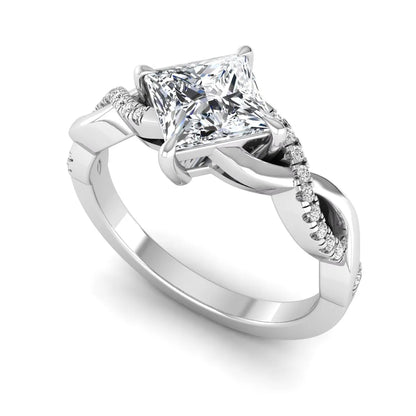 IGI Certified 0.99 carat princess cut lab grown diamond twist engagement ring with pavé round accent diamonds in white gold.