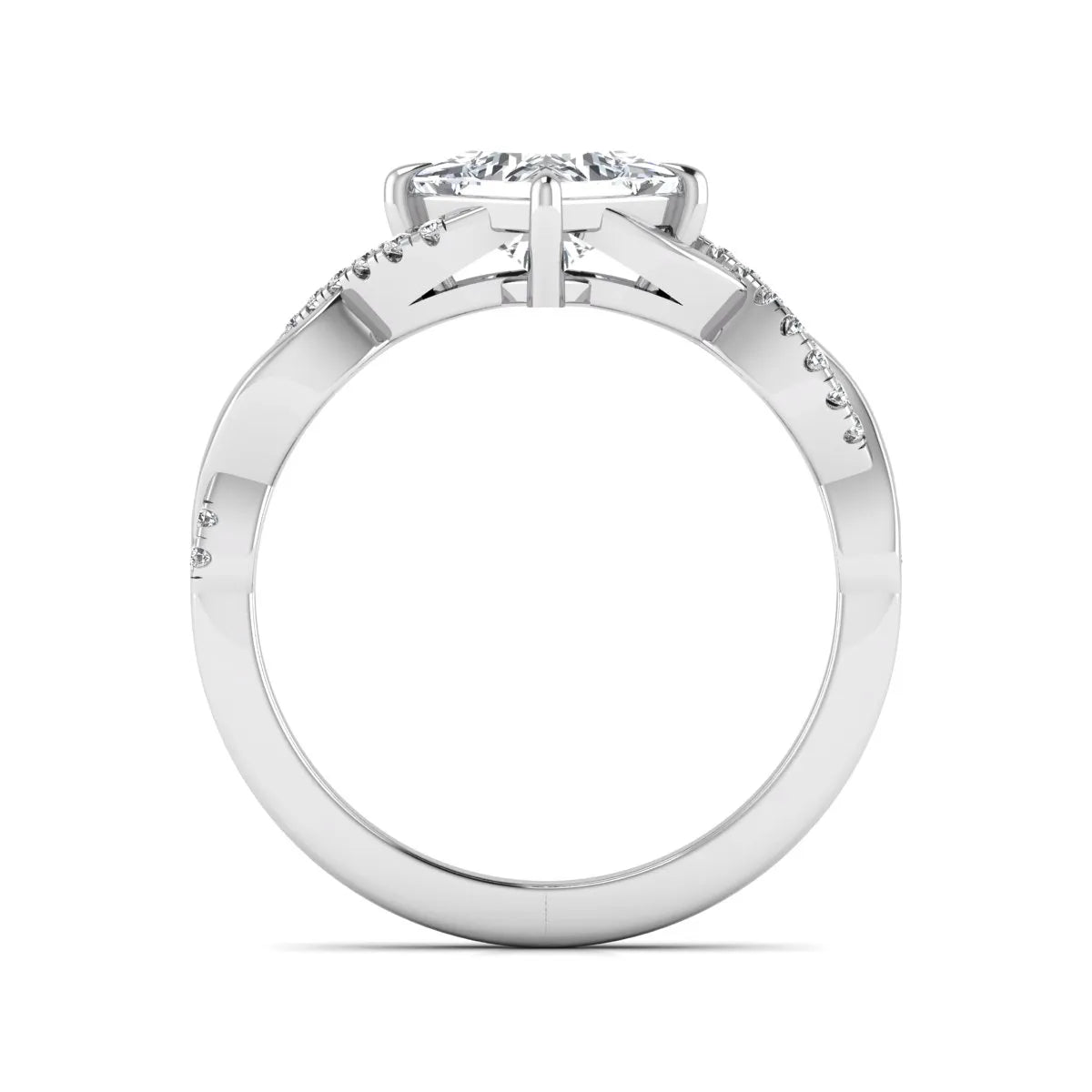 IGI Certified 0.99 carat princess cut lab grown diamond twist engagement ring with pavé round accent diamonds in white gold.