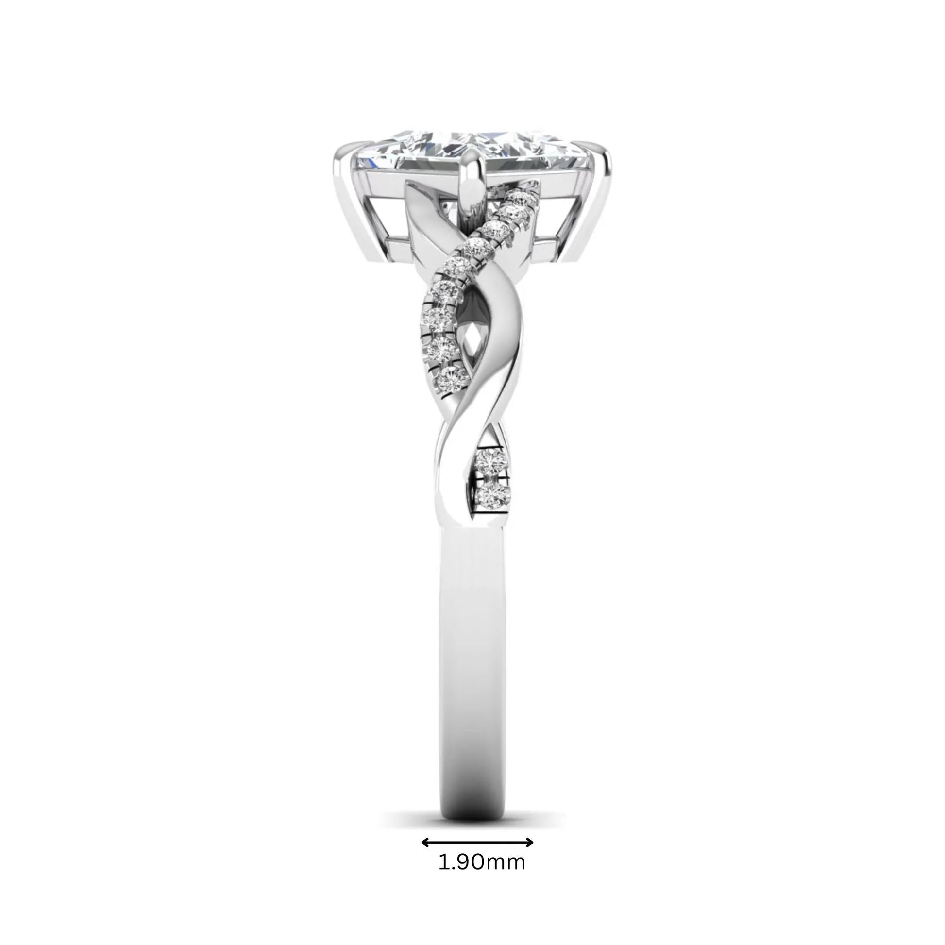 IGI Certified 0.99 carat princess cut lab grown diamond twist engagement ring with pavé round accent diamonds in white gold.