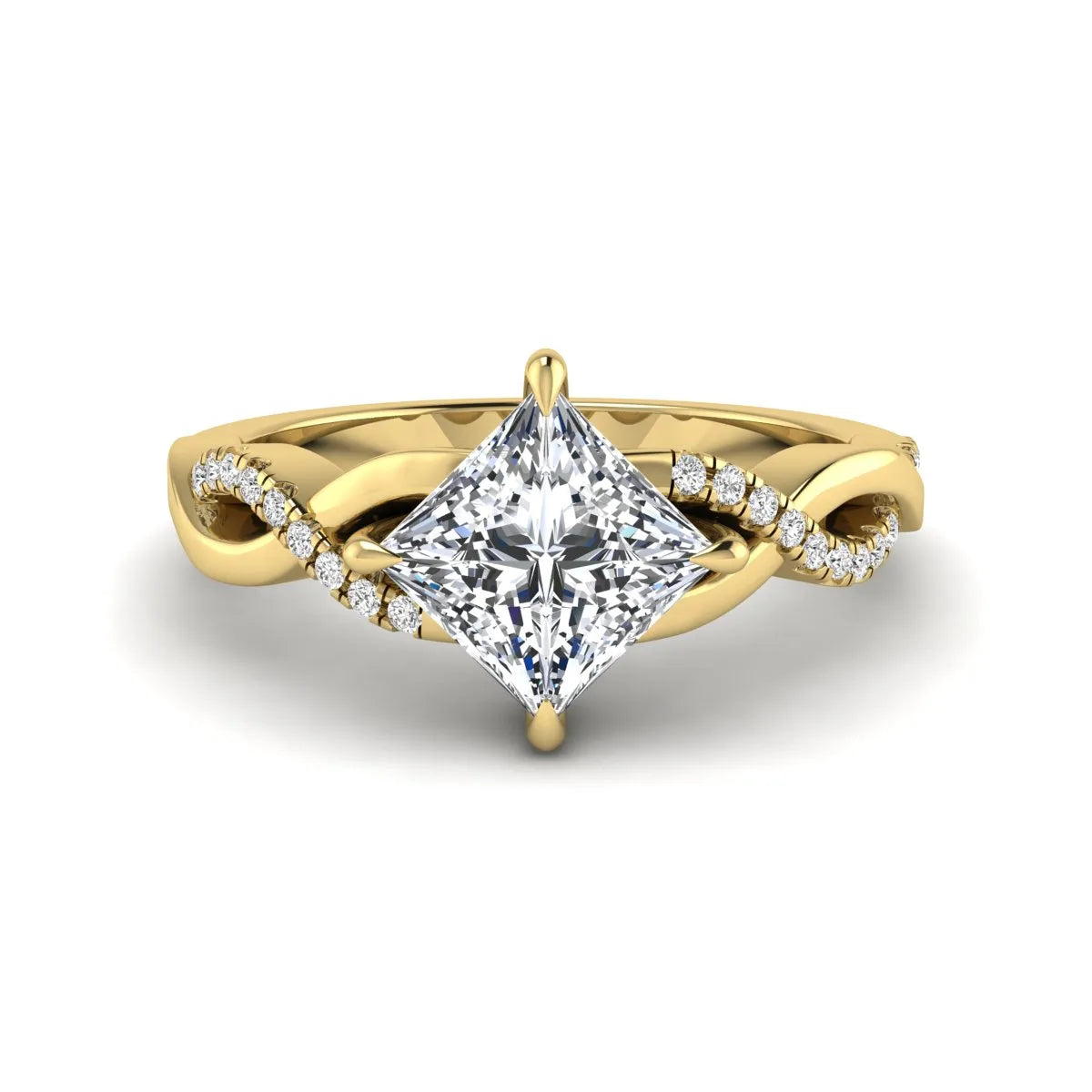IGI Certified 0.99 carat princess cut lab grown diamond twist engagement ring with pavé round accent diamonds in yellow gold.