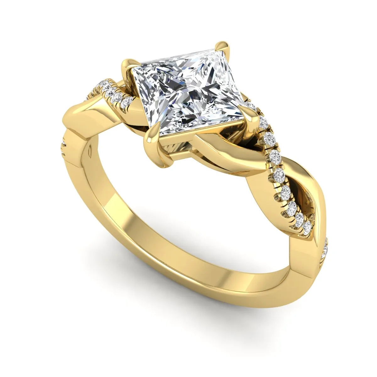 IGI Certified 0.99 carat princess cut lab grown diamond twist engagement ring with pavé round accent diamonds in yellow gold.