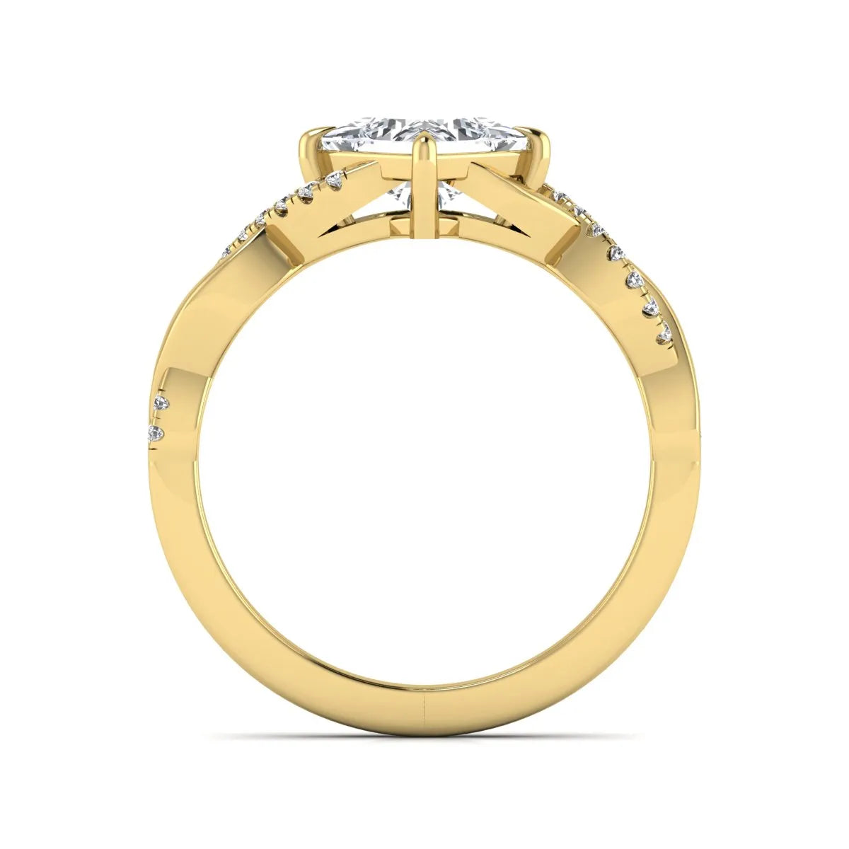 IGI Certified 0.99 carat princess cut lab grown diamond twist engagement ring with pavé round accent diamonds in yellow gold.