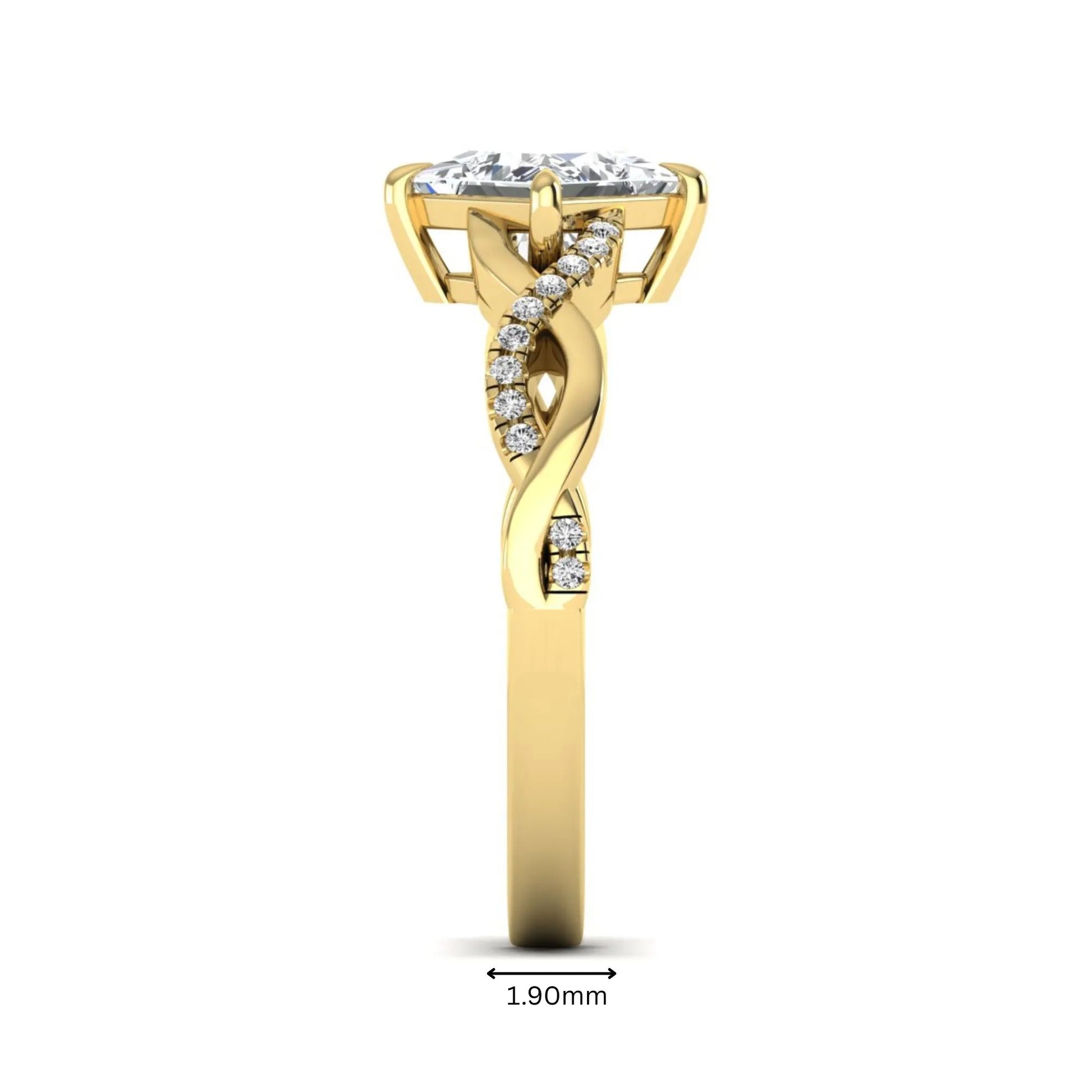 IGI Certified 0.99 carat princess cut lab grown diamond twist engagement ring with pavé round accent diamonds in yellow gold.