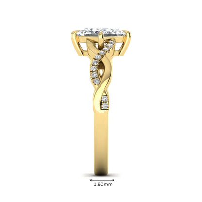 IGI Certified 0.99 carat princess cut lab grown diamond twist engagement ring with pavé round accent diamonds in yellow gold.