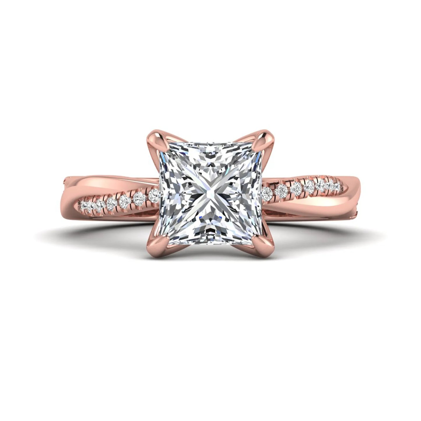 Princess cut lab grown diamond engagement ring with twisted shank and round accent diamonds in rose gold featuring a 1.96 carat IGI certified center diamond.