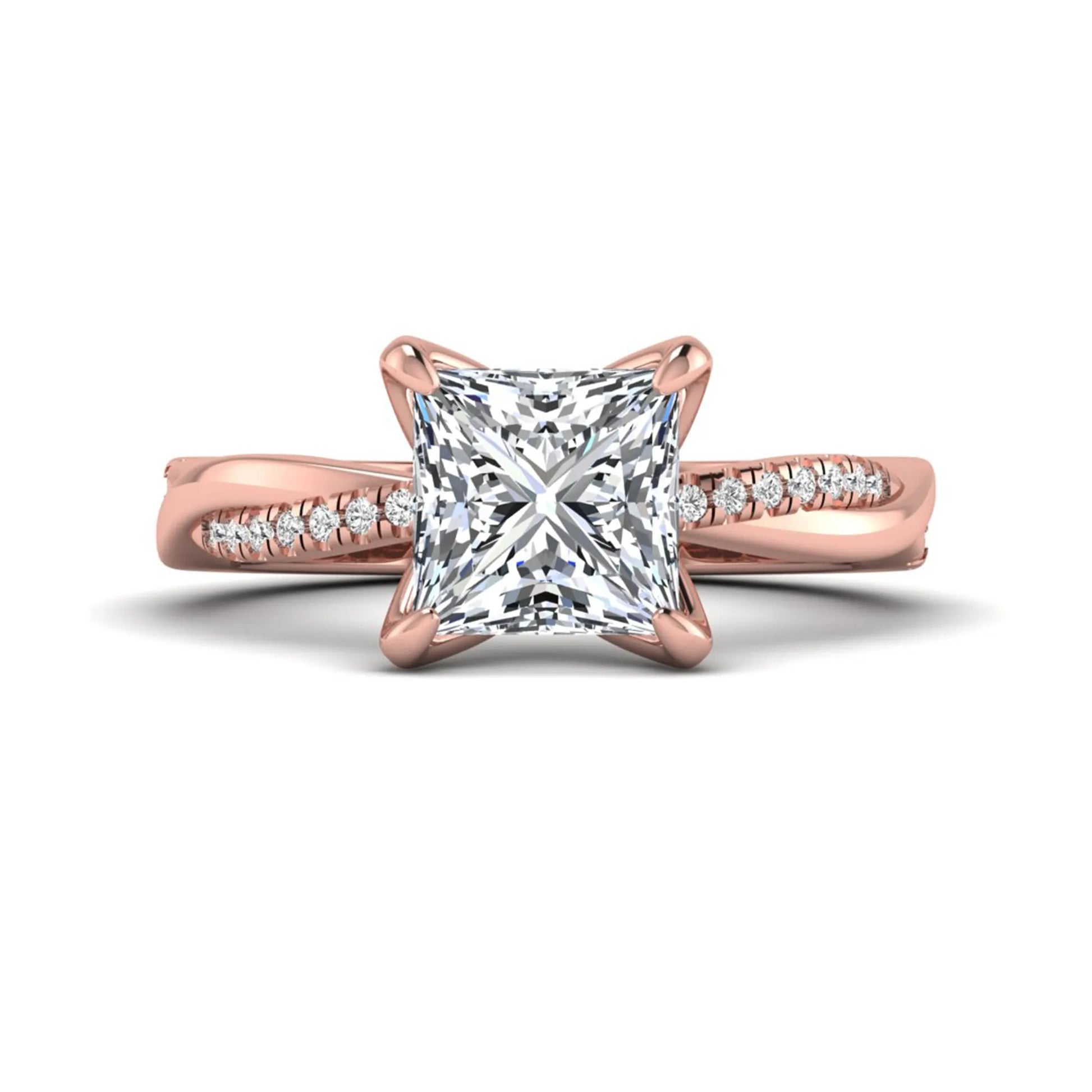 Princess cut lab grown diamond engagement ring with twisted shank and round accent diamonds in rose gold featuring a 1.96 carat IGI certified center diamond.