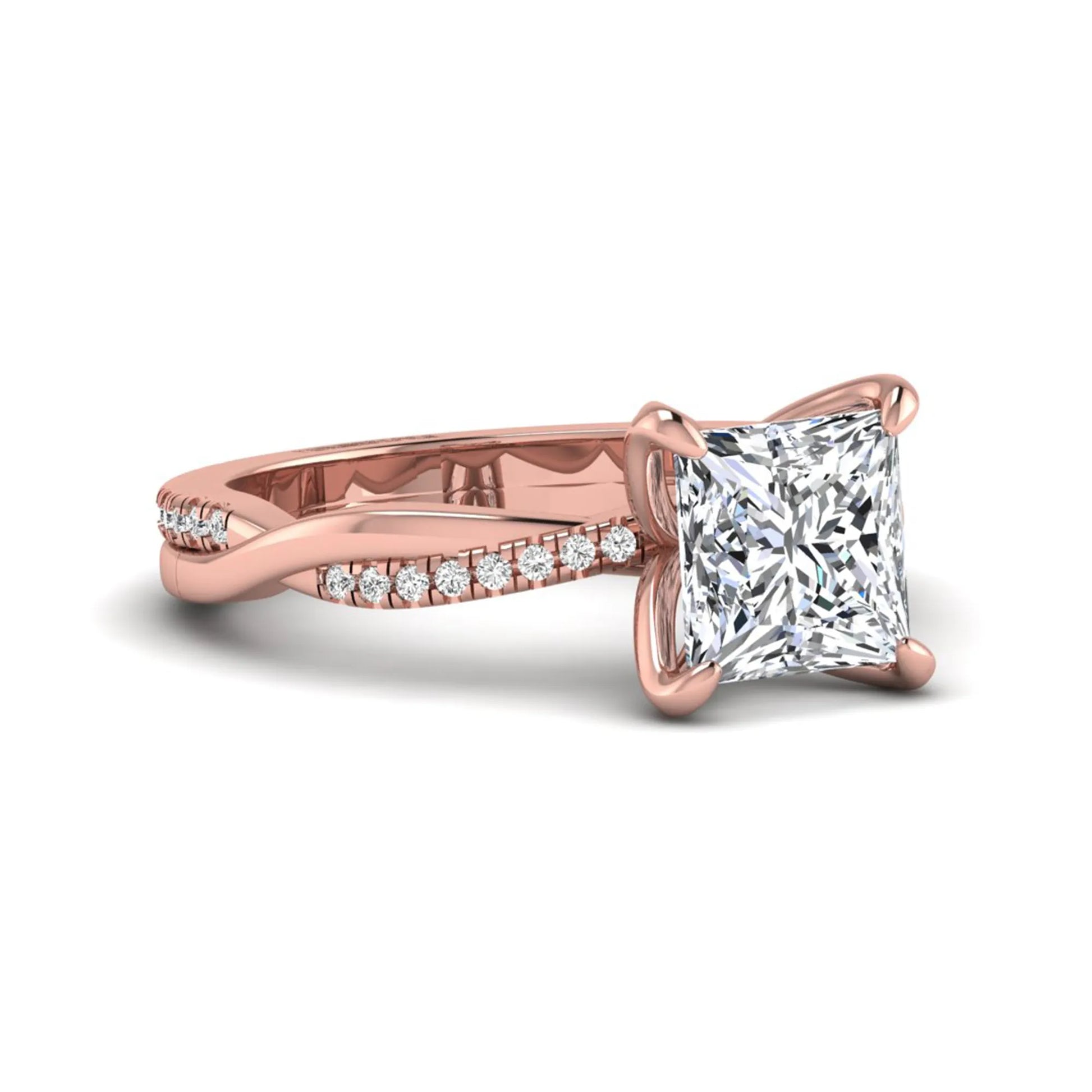 Princess cut lab grown diamond engagement ring with twisted shank and round accent diamonds in rose gold featuring a 1.96 carat IGI certified center diamond.