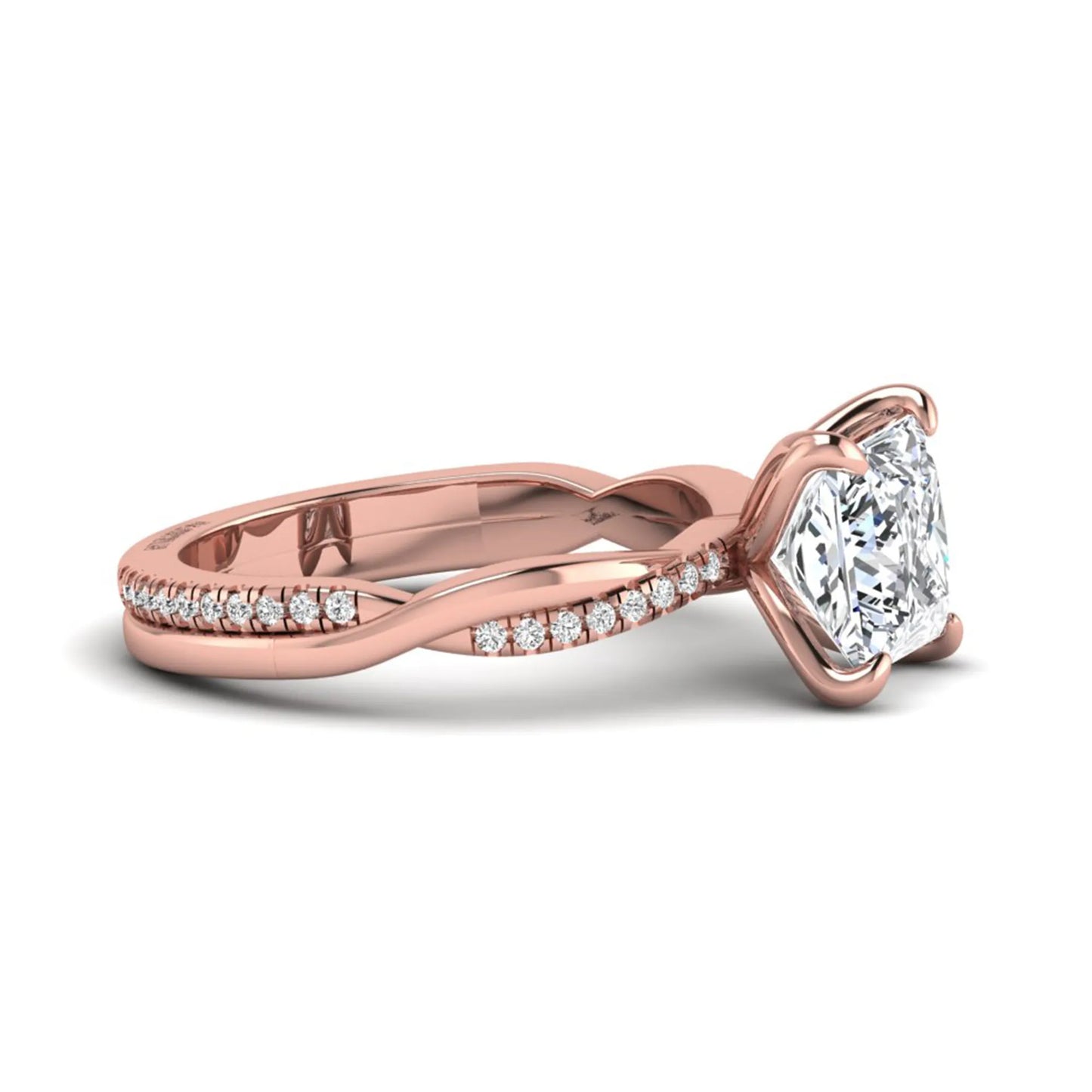 Princess cut lab grown diamond engagement ring with twisted shank and round accent diamonds in rose gold featuring a 1.96 carat IGI certified center diamond.
