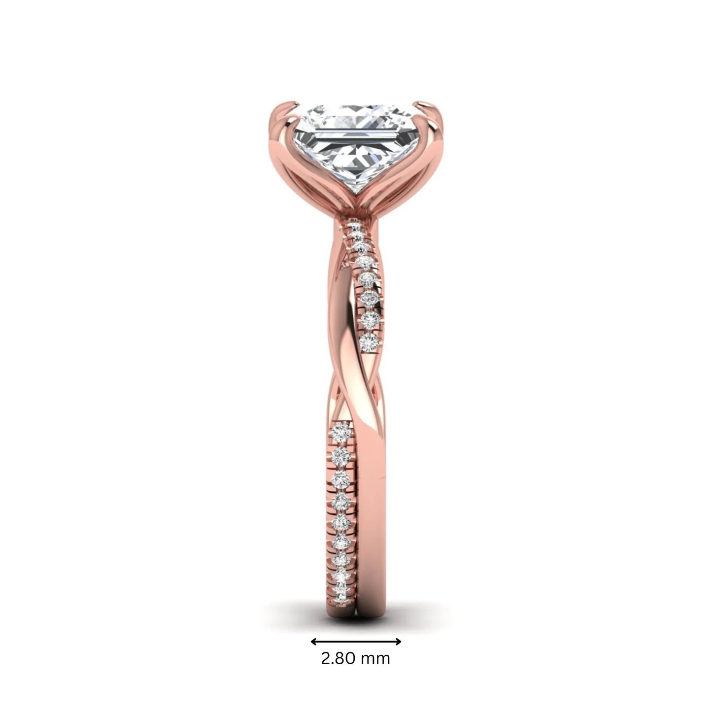Princess cut lab grown diamond engagement ring with twisted shank and round accent diamonds in rose gold featuring a 1.96 carat IGI certified center diamond.