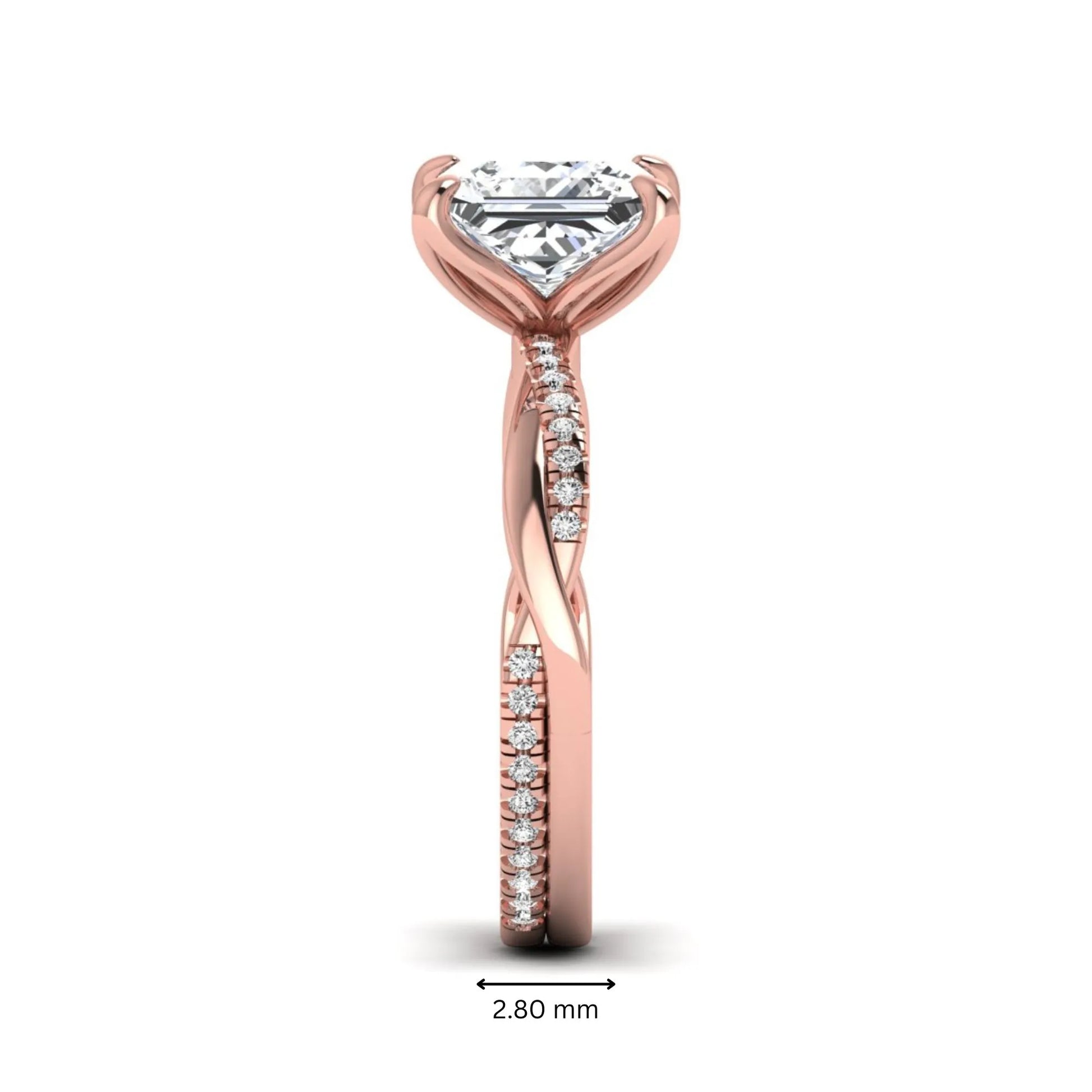 Princess cut lab grown diamond engagement ring with twisted shank and round accent diamonds in rose gold featuring a 1.96 carat IGI certified center diamond.