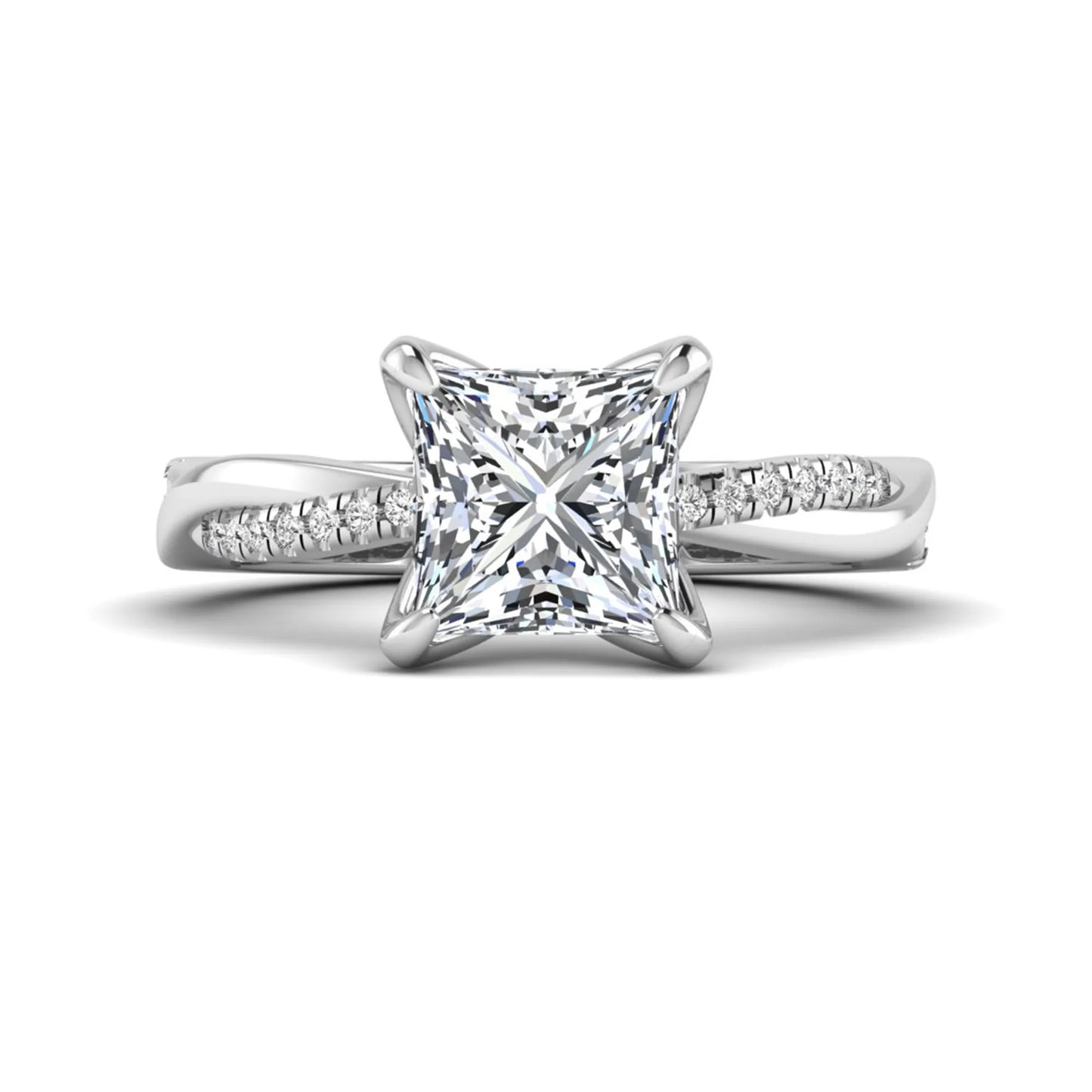 Princess cut lab grown diamond engagement ring with twisted shank and round accent diamonds in white gold featuring a 1.96 carat IGI certified center diamond.
