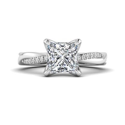 Princess cut lab grown diamond engagement ring with twisted shank and round accent diamonds in white gold featuring a 1.96 carat IGI certified center diamond.