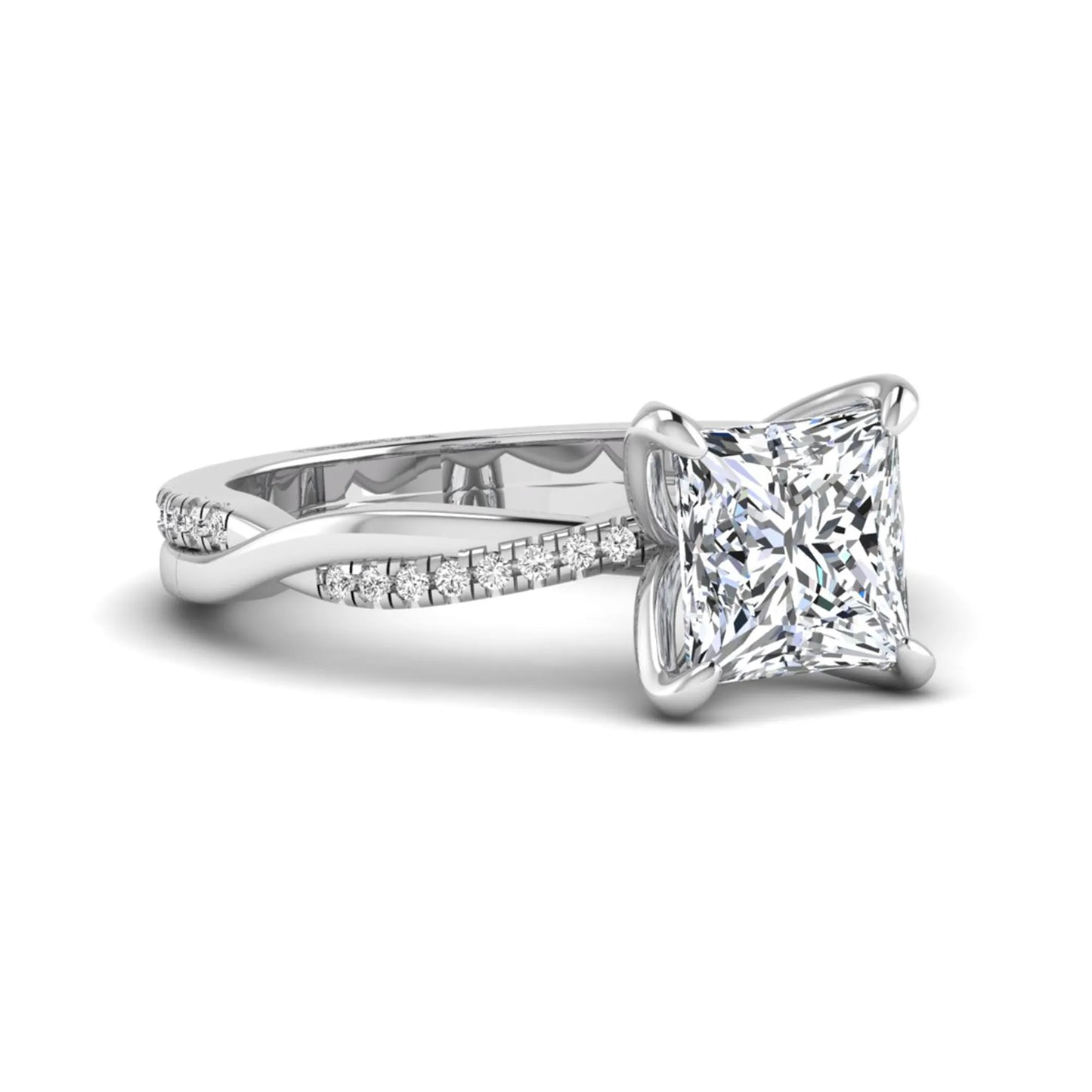 Princess cut lab grown diamond engagement ring with twisted shank and round accent diamonds in white gold featuring a 1.96 carat IGI certified center diamond.