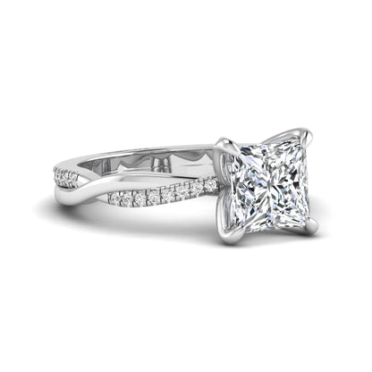 Princess cut lab grown diamond engagement ring with twisted shank and round accent diamonds in white gold featuring a 1.96 carat IGI certified center diamond.