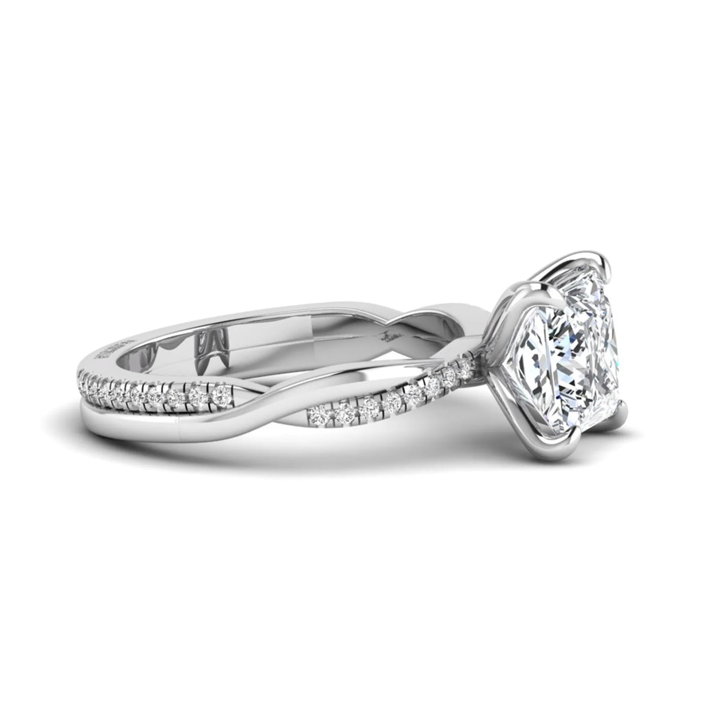Princess cut lab grown diamond engagement ring with twisted shank and round accent diamonds in white gold featuring a 1.96 carat IGI certified center diamond.
