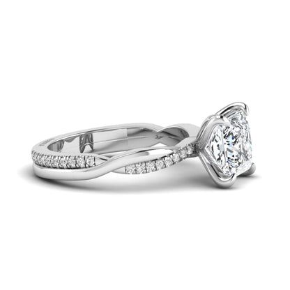 Princess cut lab grown diamond engagement ring with twisted shank and round accent diamonds in white gold featuring a 1.96 carat IGI certified center diamond.