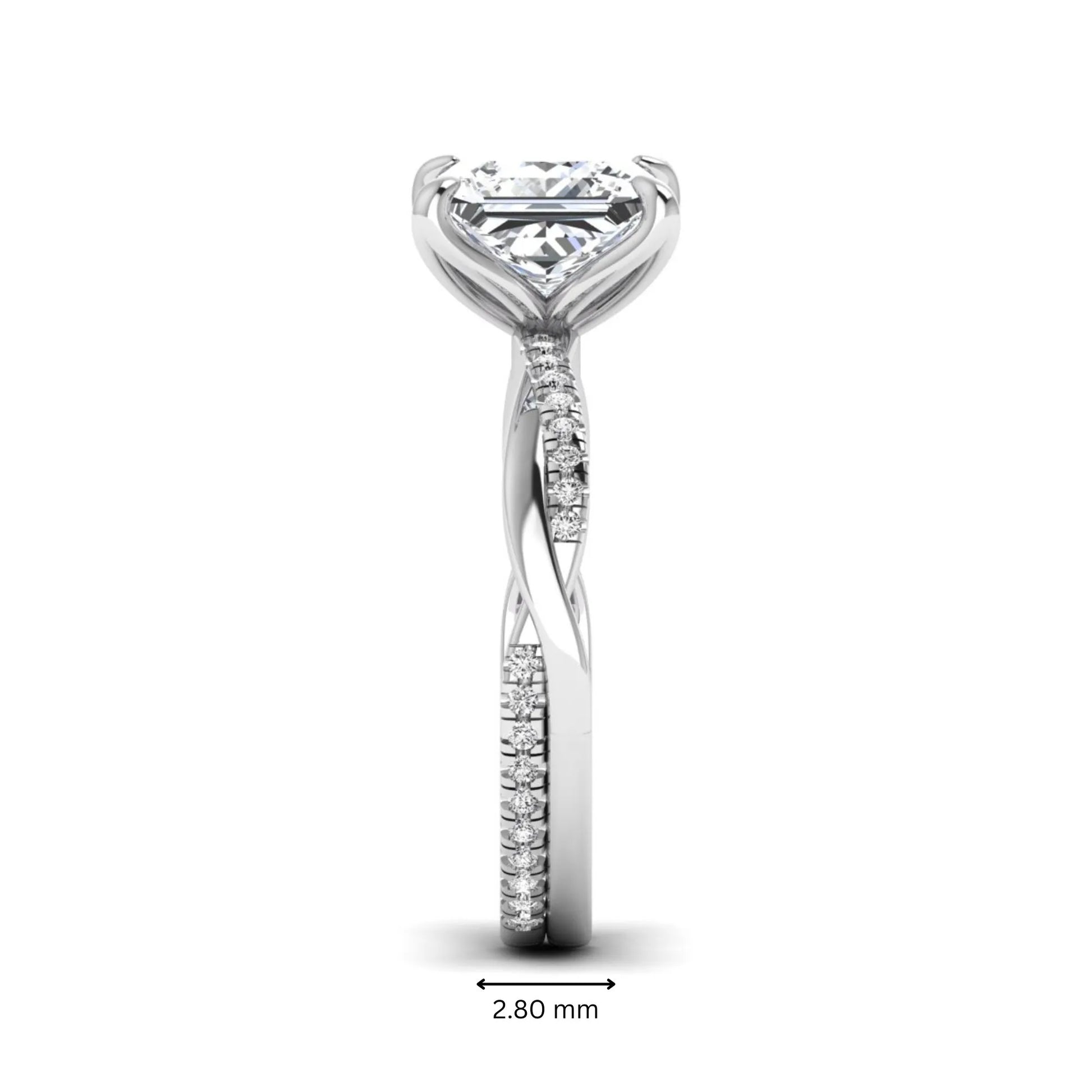 Princess cut lab grown diamond engagement ring with twisted shank and round accent diamonds in white gold featuring a 1.96 carat IGI certified center diamond.
