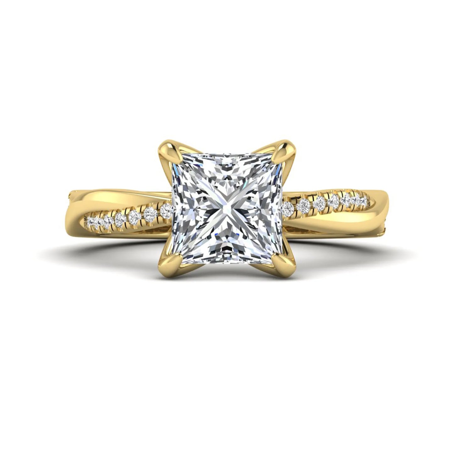 Princess cut lab grown diamond engagement ring with twisted shank and round accent diamonds in yellow gold featuring a 1.96 carat IGI certified center diamond.