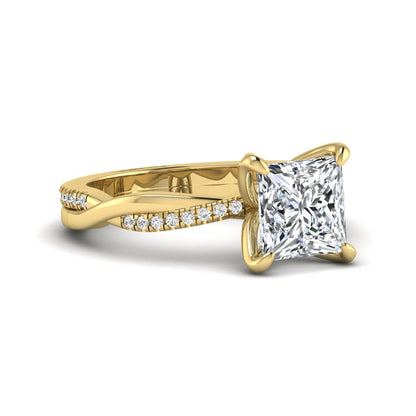 Princess cut lab grown diamond engagement ring with twisted shank and round accent diamonds in yellow gold featuring a 1.96 carat IGI certified center diamond.