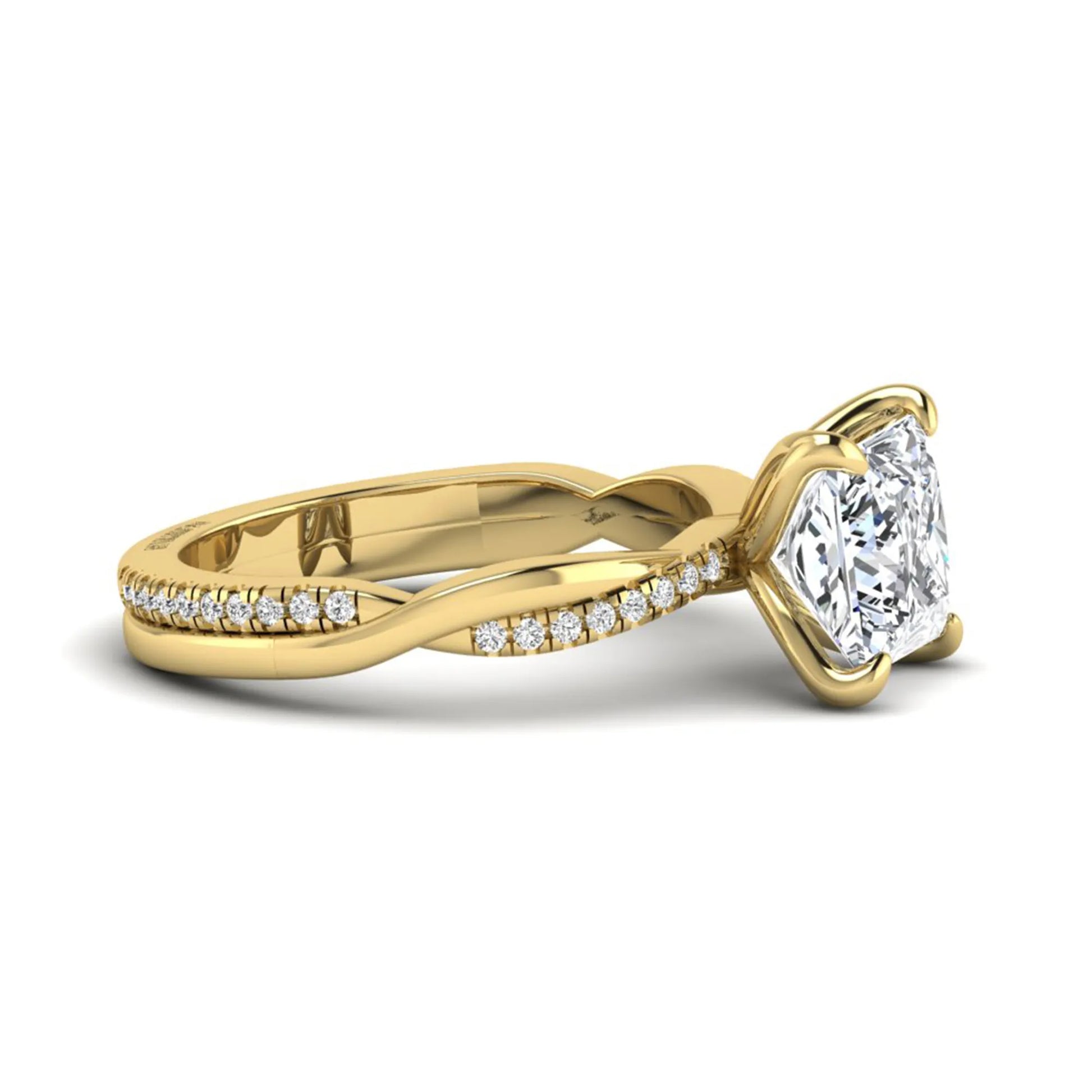 Princess cut lab grown diamond engagement ring with twisted shank and round accent diamonds in yellow gold featuring a 1.96 carat IGI certified center diamond.