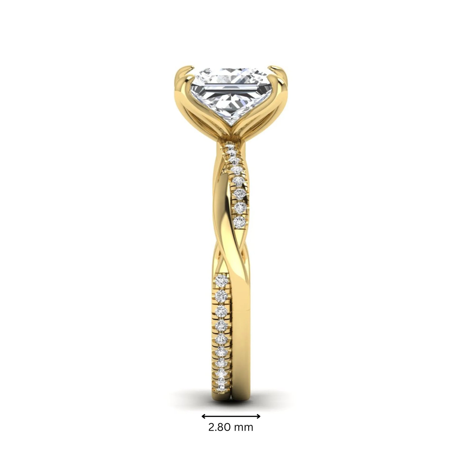 Princess cut lab grown diamond engagement ring with twisted shank and round accent diamonds in yellow gold featuring a 1.96 carat IGI certified center diamond.