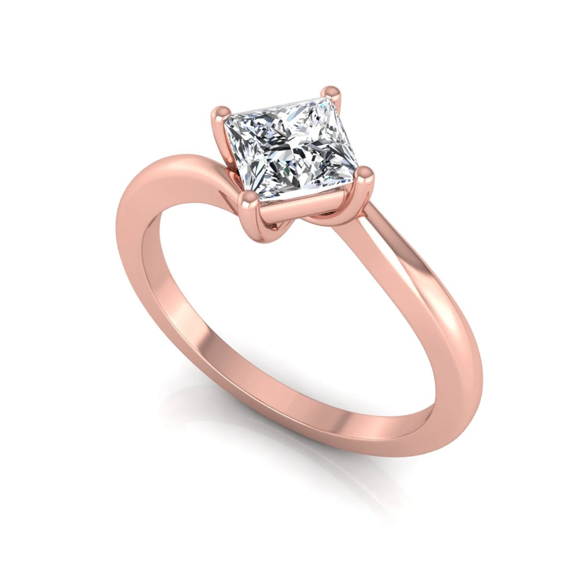 Princess cut lab grown diamond solitaire engagement ring featuring a four-prong bypass setting in a rose gold tone design.