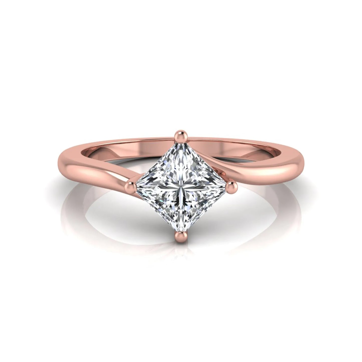 Princess cut lab grown diamond solitaire engagement ring featuring a four-prong bypass setting in a rose gold tone design.