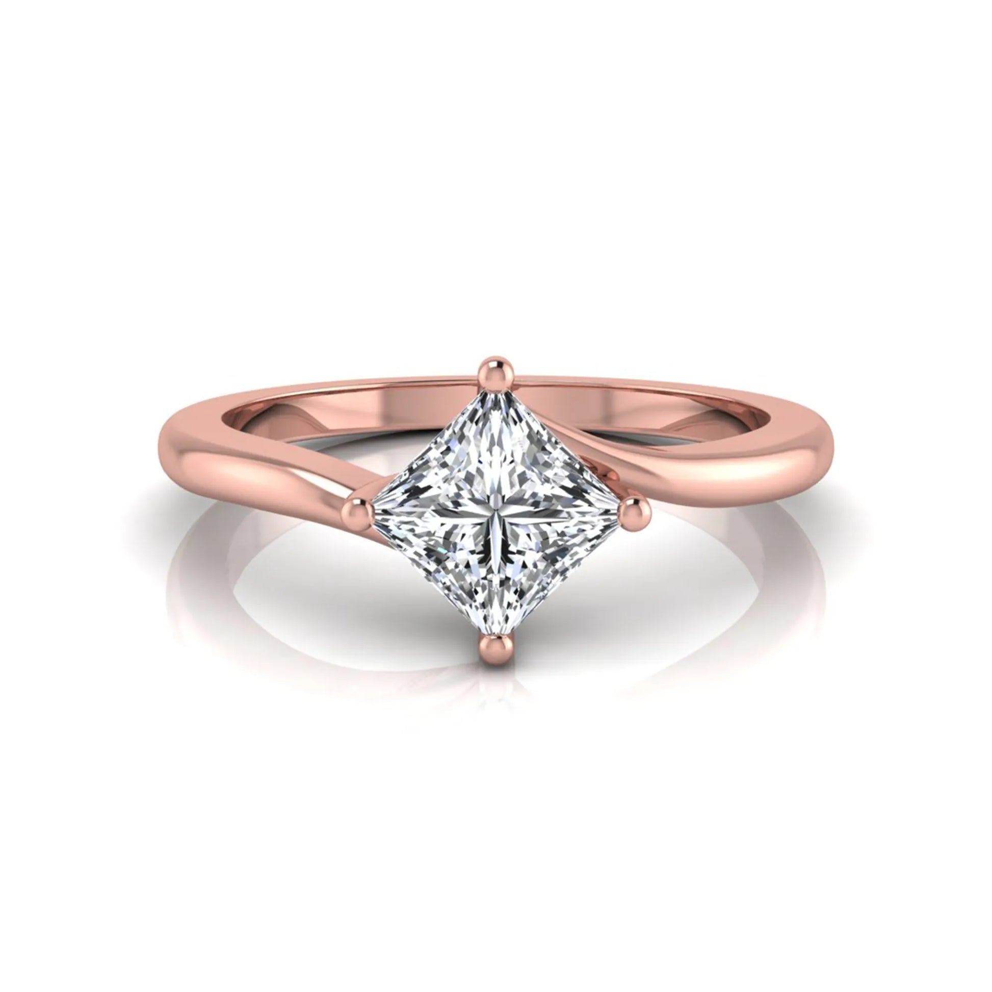 Princess cut lab grown diamond solitaire engagement ring featuring a four-prong bypass setting in a rose gold tone design.