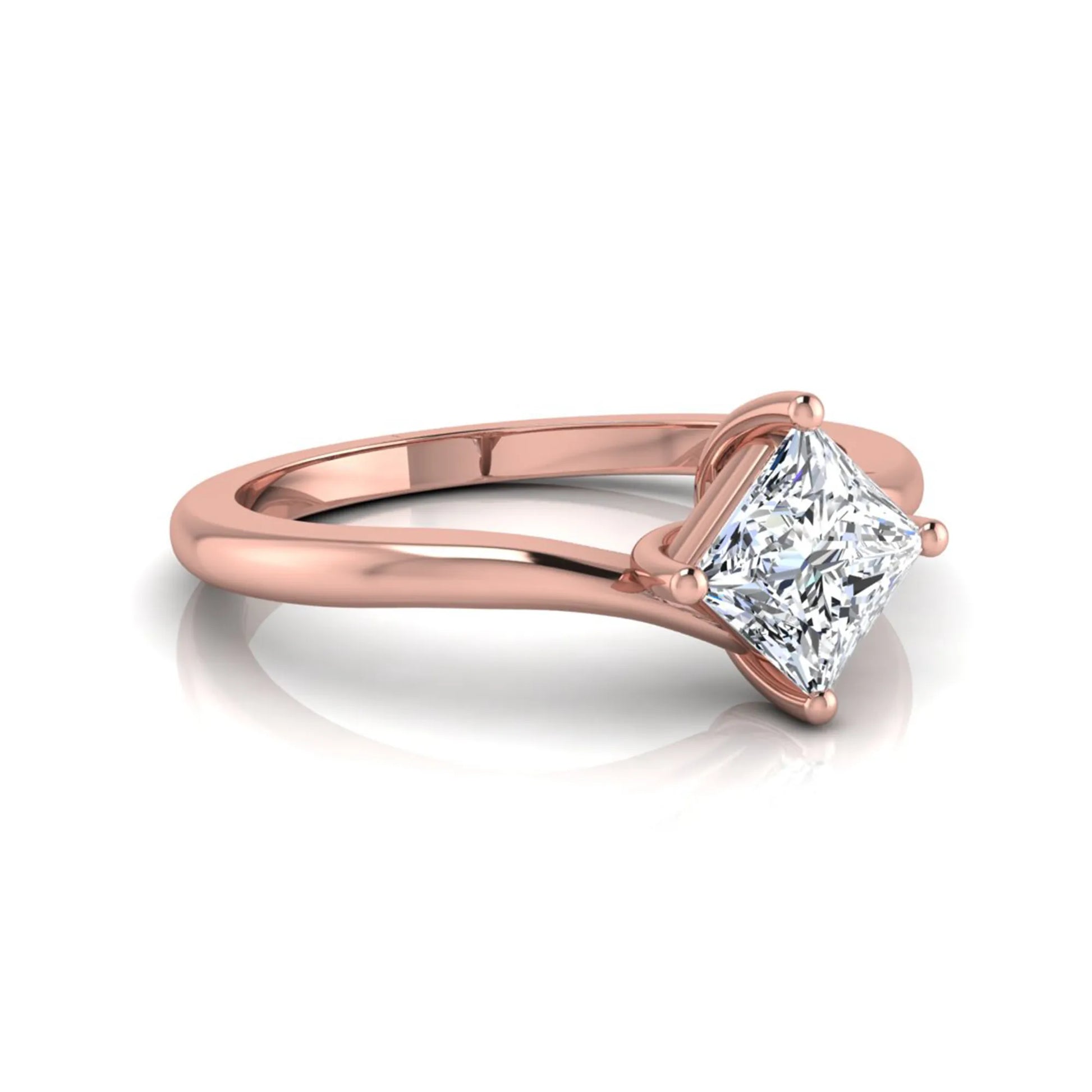 Princess cut lab grown diamond solitaire engagement ring featuring a four-prong bypass setting in a rose gold tone design.