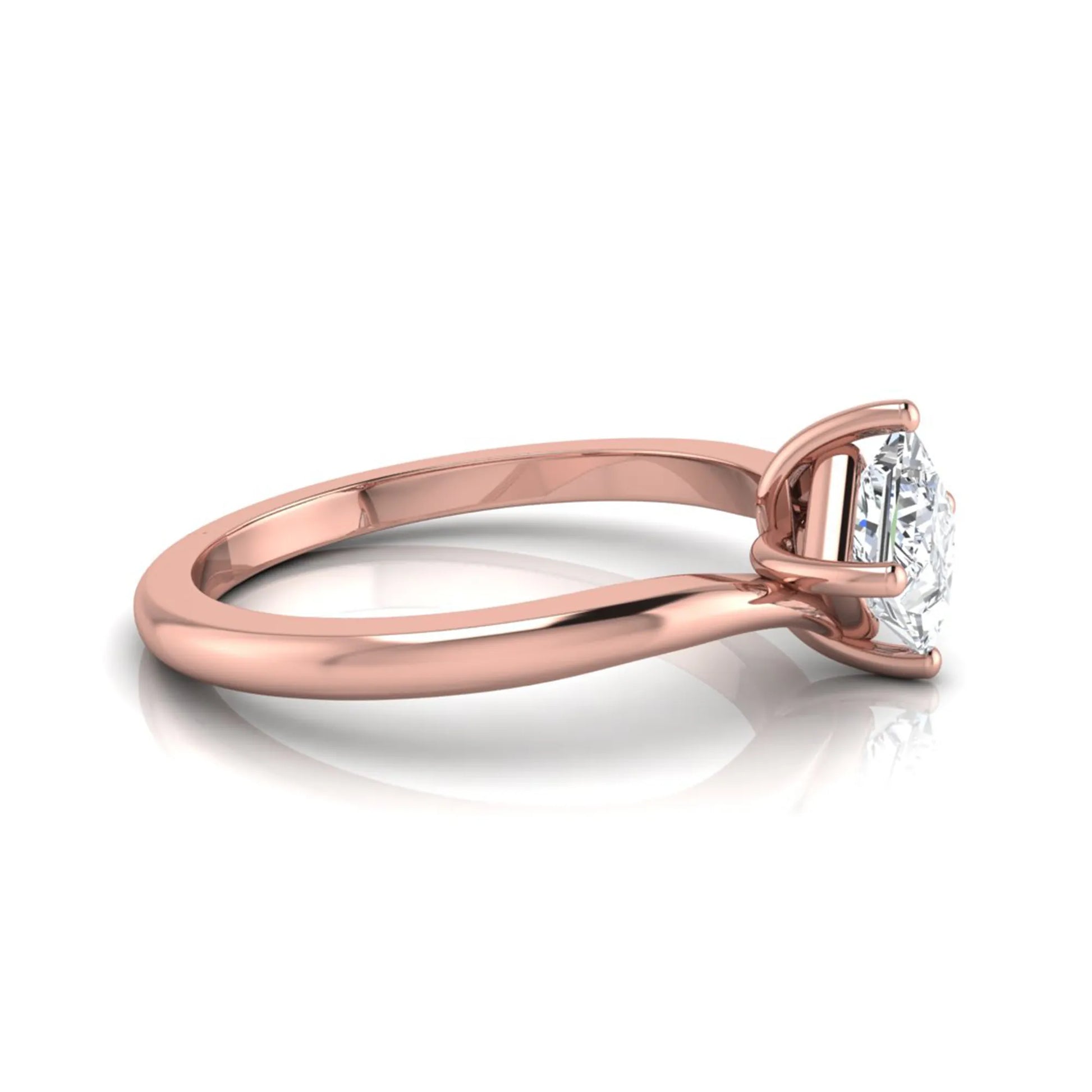 Princess cut lab grown diamond solitaire engagement ring featuring a four-prong bypass setting in a rose gold tone design.