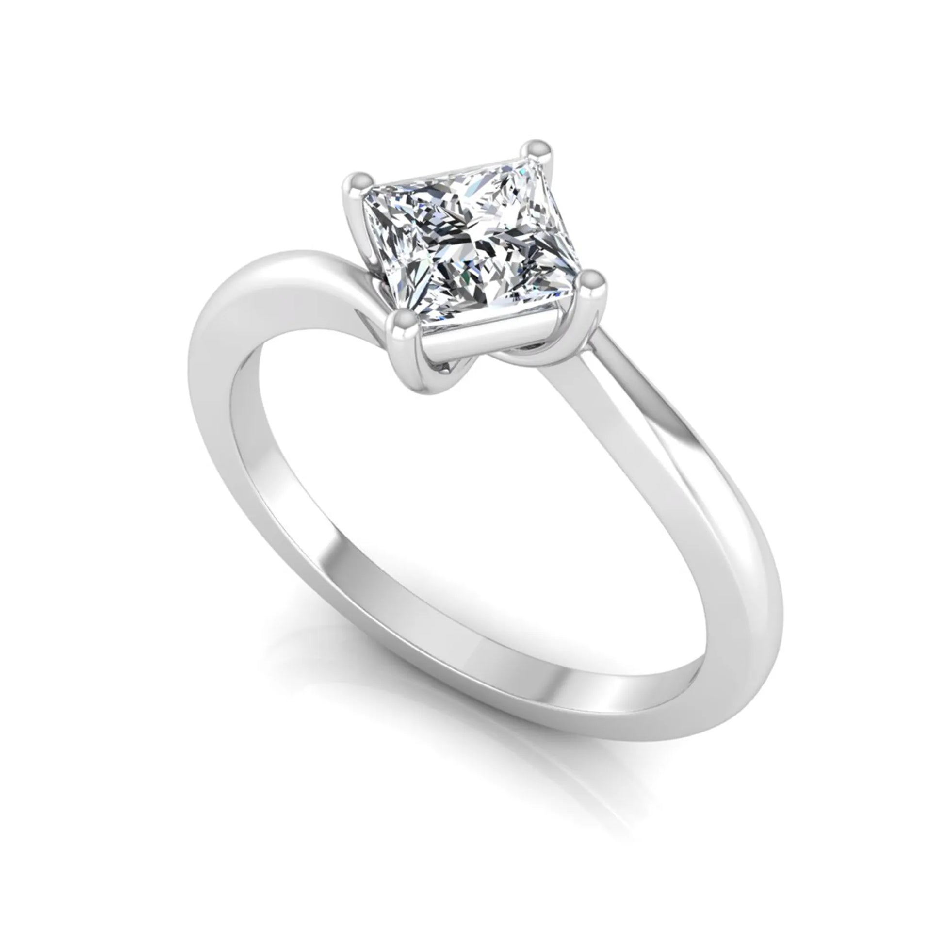 Princess cut lab grown diamond solitaire engagement ring featuring a four-prong bypass setting in a white gold tone design.