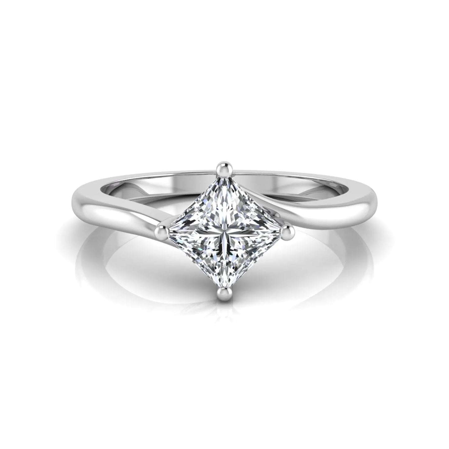 Princess cut lab grown diamond solitaire engagement ring featuring a four-prong bypass setting in a white gold tone design.