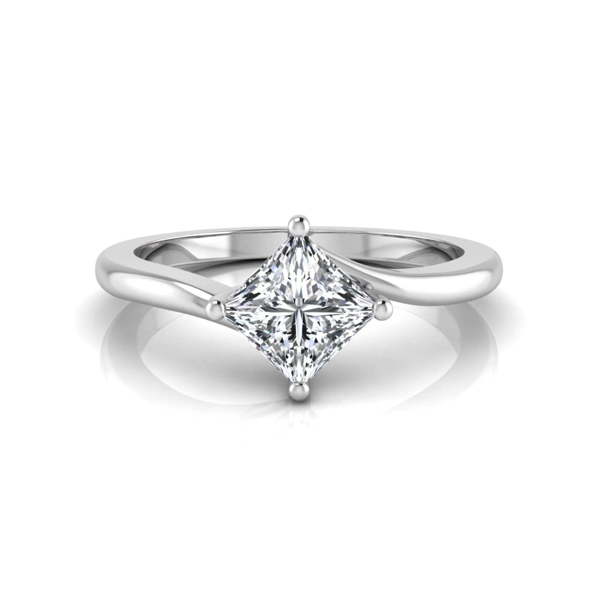 Princess cut lab grown diamond solitaire engagement ring featuring a four-prong bypass setting in a white gold tone design.