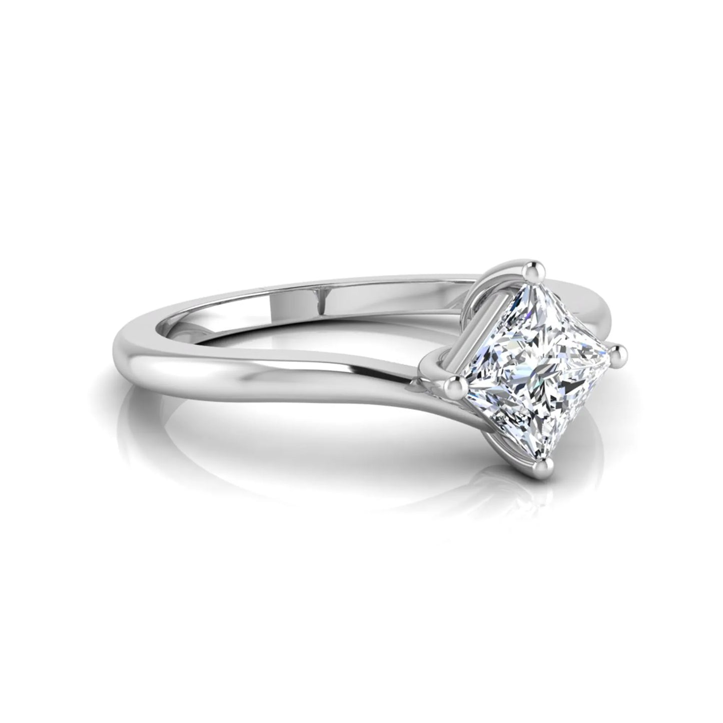 Princess cut lab grown diamond solitaire engagement ring featuring a four-prong bypass setting in a white gold tone design.