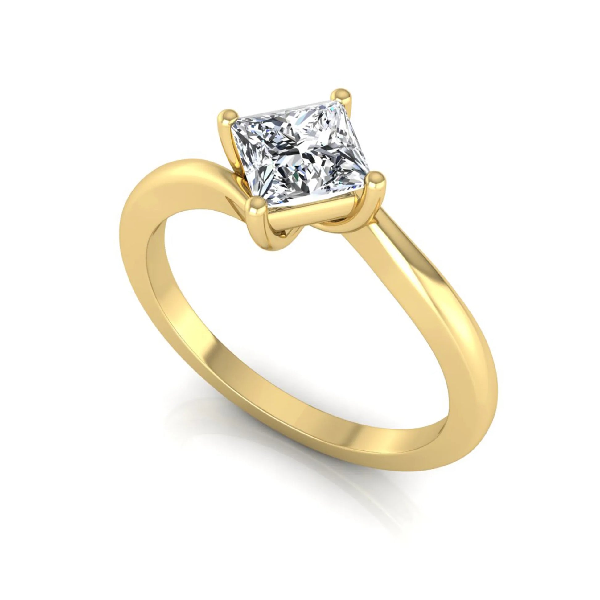 Princess cut lab grown diamond solitaire engagement ring featuring a four-prong bypass setting in a yellow gold tone design.