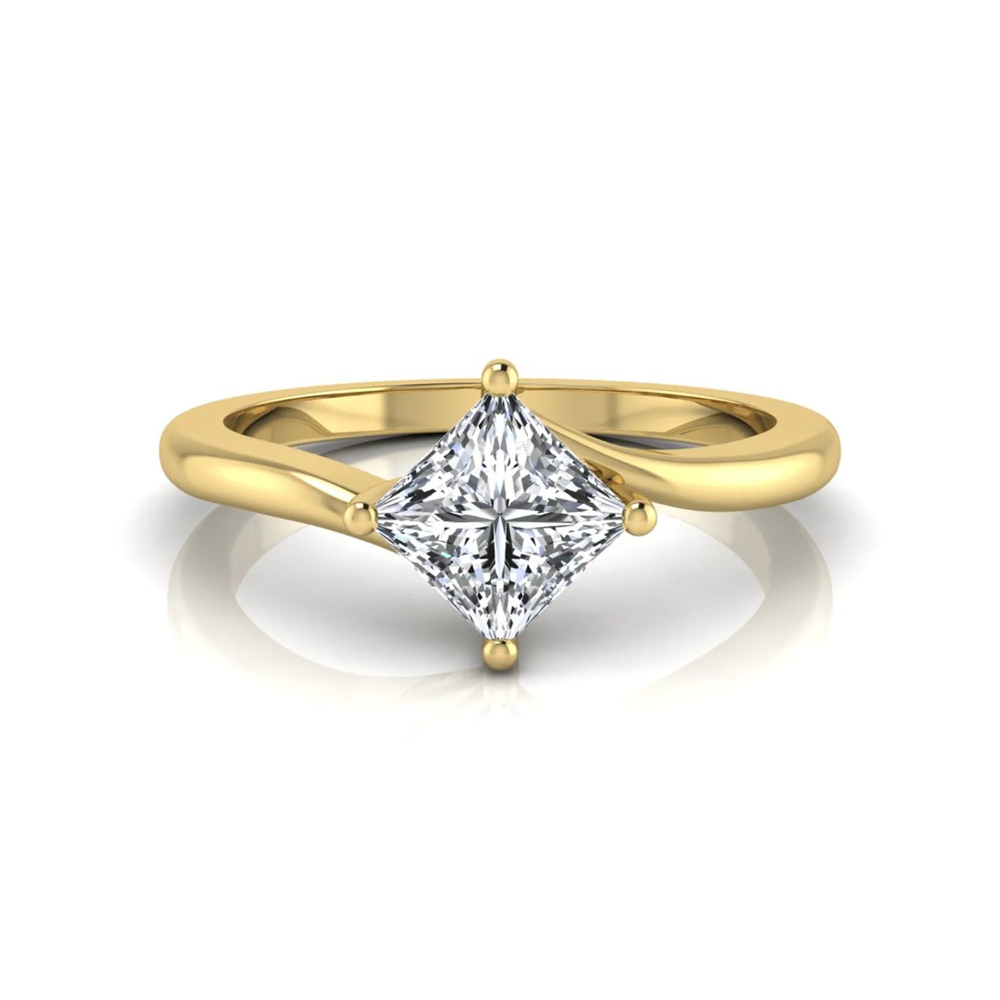 Princess cut lab grown diamond solitaire engagement ring featuring a four-prong bypass setting in a yellow gold tone design.