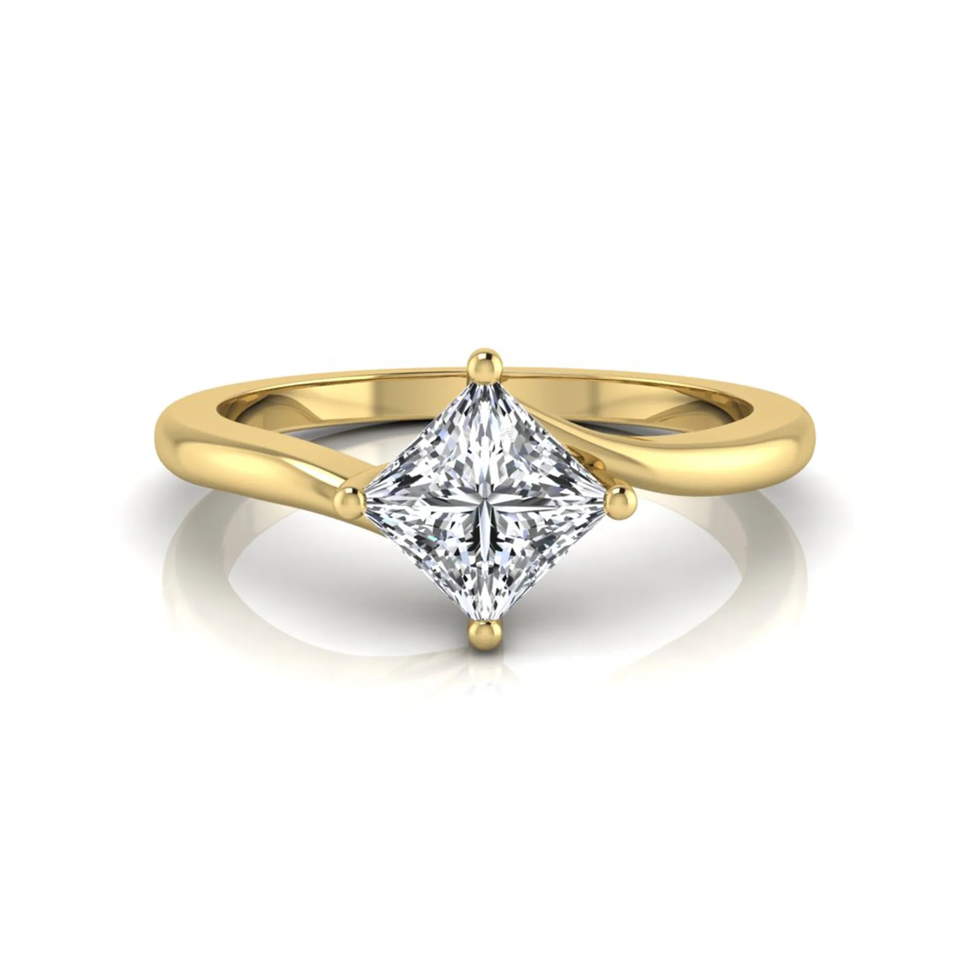 Princess cut lab grown diamond solitaire engagement ring featuring a four-prong bypass setting in a yellow gold tone design.