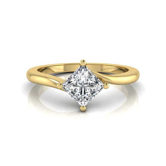 Princess cut lab grown diamond solitaire engagement ring featuring a four-prong bypass setting in a yellow gold tone design.