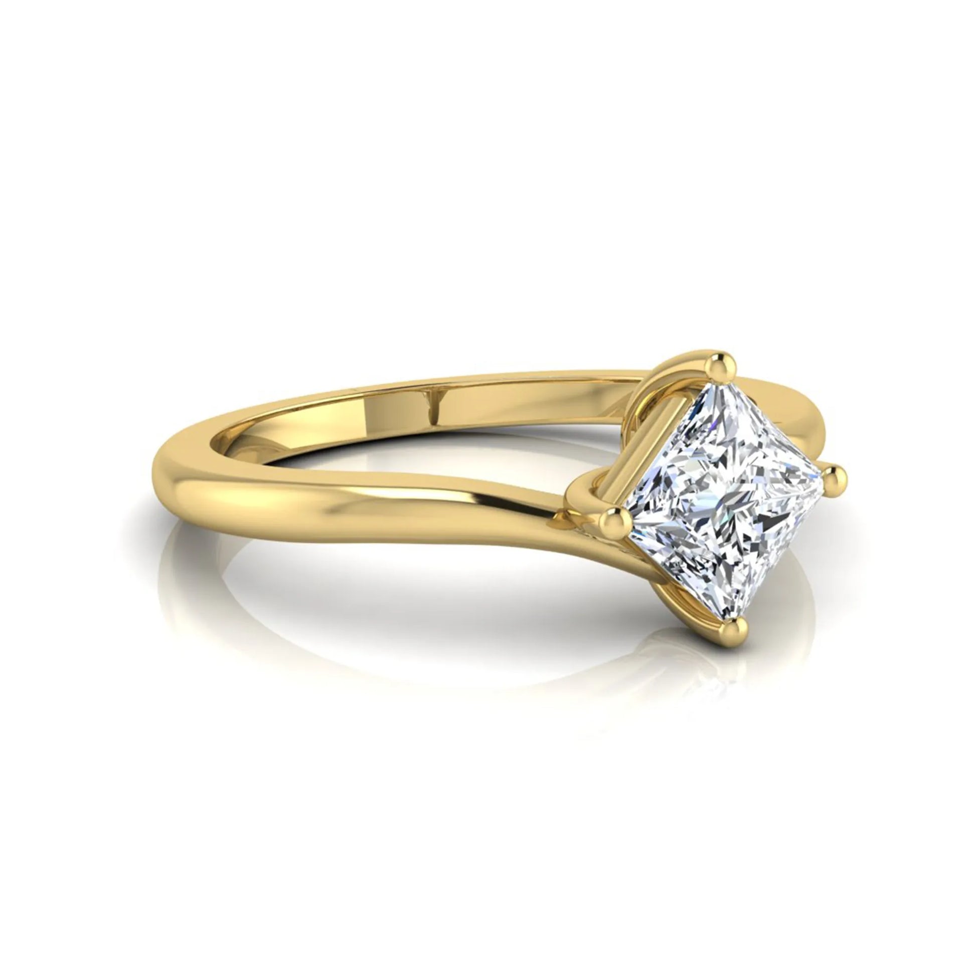 Princess cut lab grown diamond solitaire engagement ring featuring a four-prong bypass setting in a yellow gold tone design.