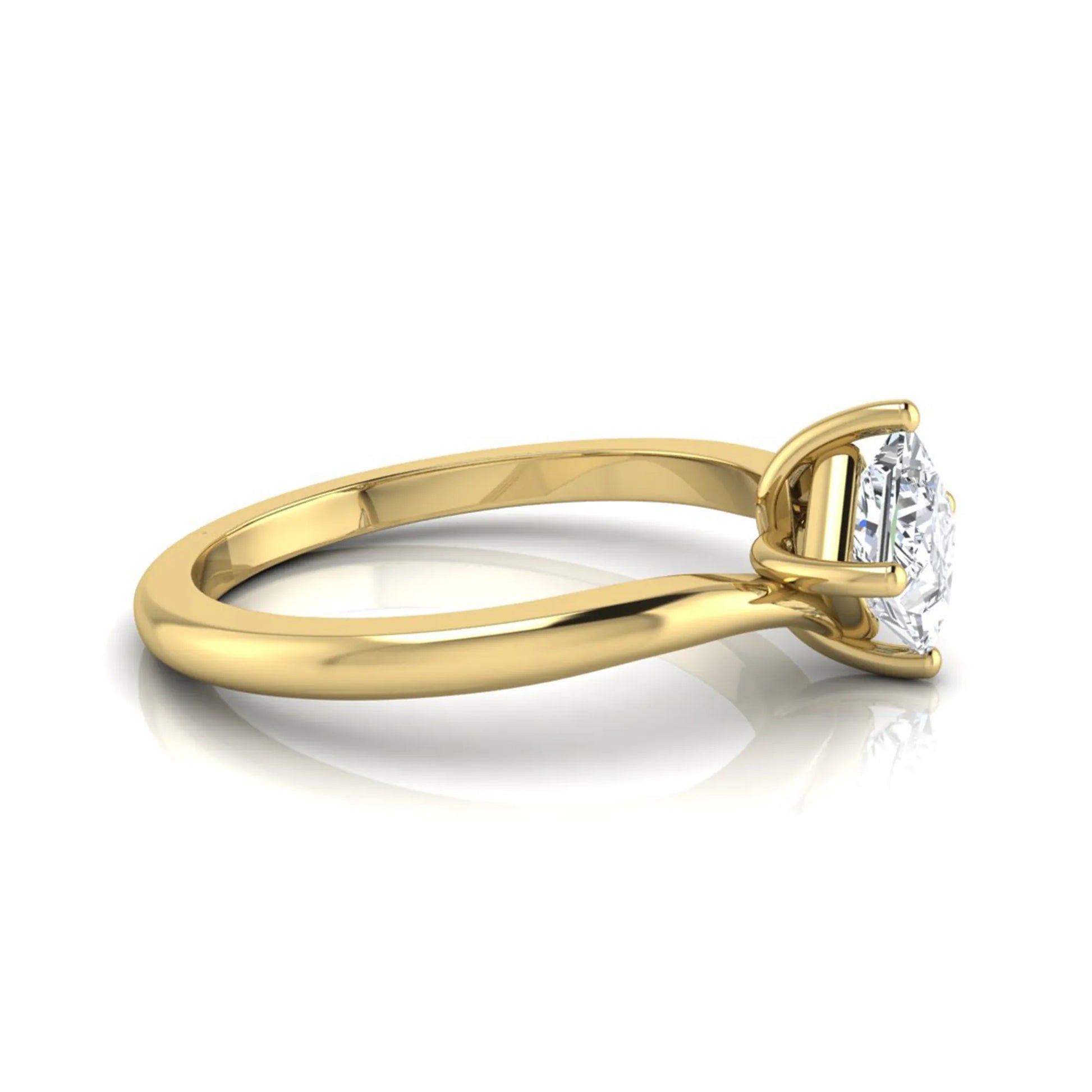 Princess cut lab grown diamond solitaire engagement ring featuring a four-prong bypass setting in a yellow gold tone design.